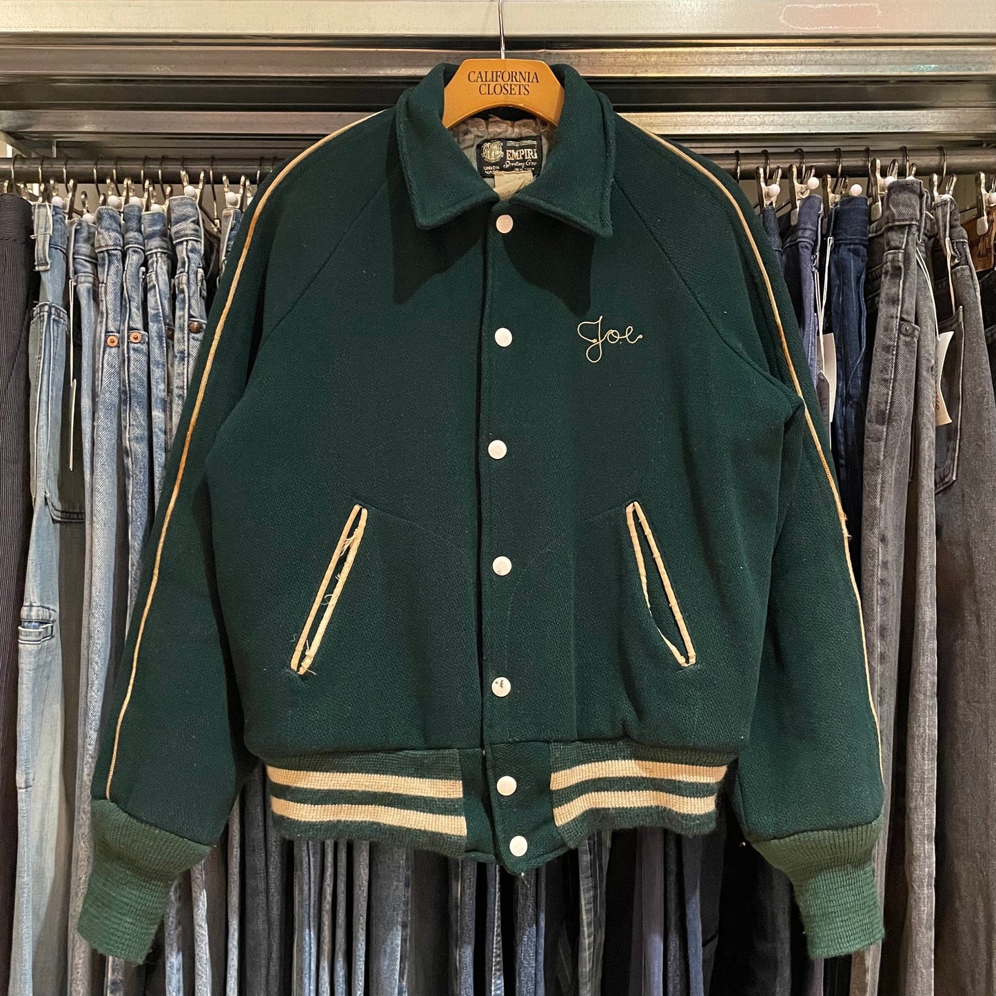 Chainstitch Varsity Jacket Green Wool Distressed