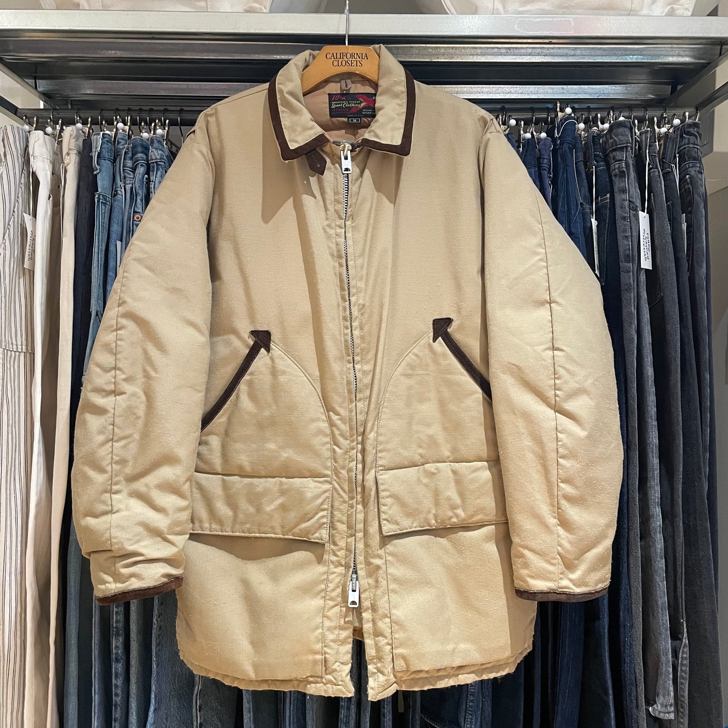 Suede Trim Padded Utility Jacket Beige Talon Zip