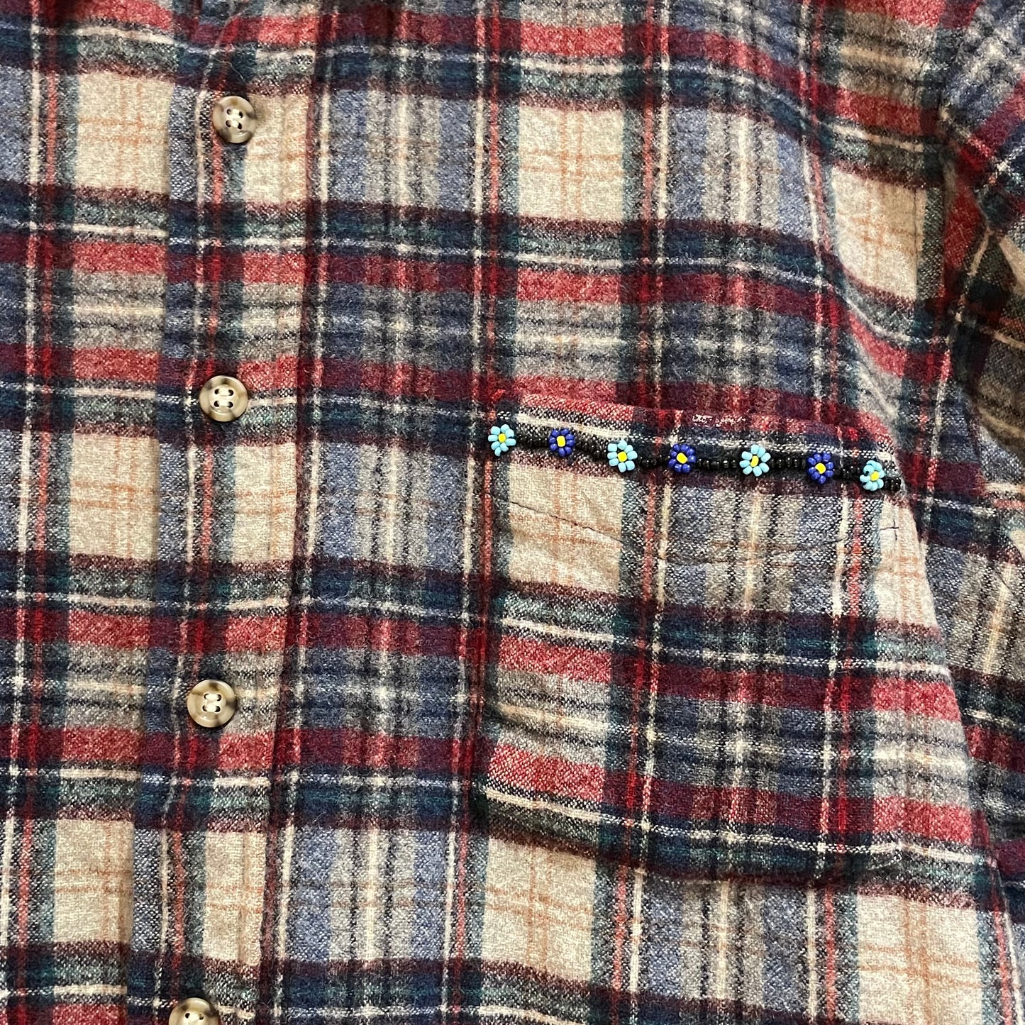 Remake Plaid Wool Shirt with Embroidery