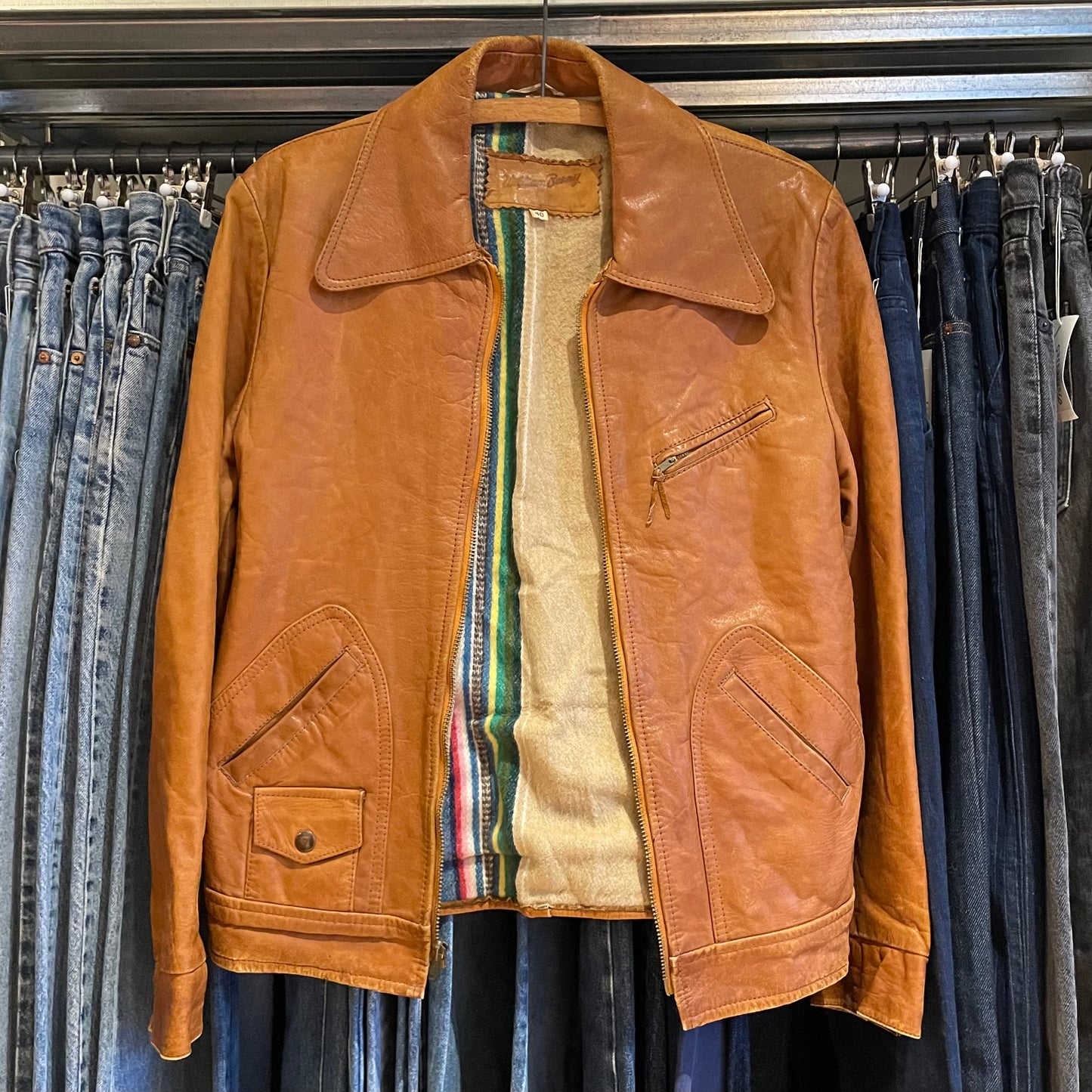 Brown Leather Jacket Wool-Lined Talon Zip