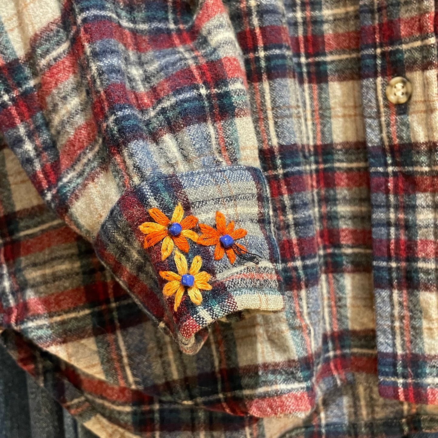 Remake Plaid Wool Shirt with Embroidery