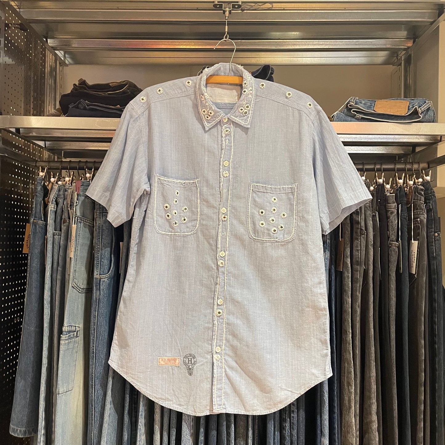 Light Blue Studded Denim Short Sleeve Shirt