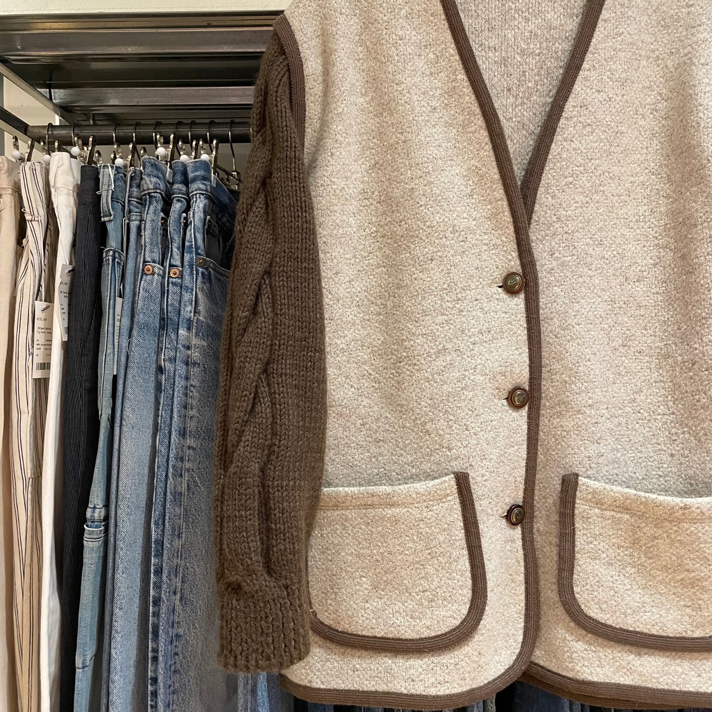 Contrast Knit Button Cardigan Beige