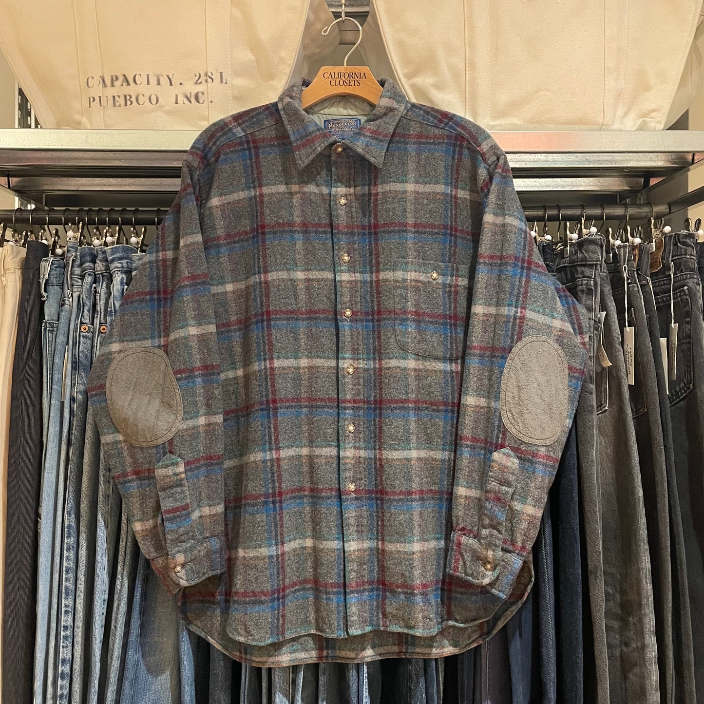 Plaid Wool Flannel Shirt with Elbow Patches Gray