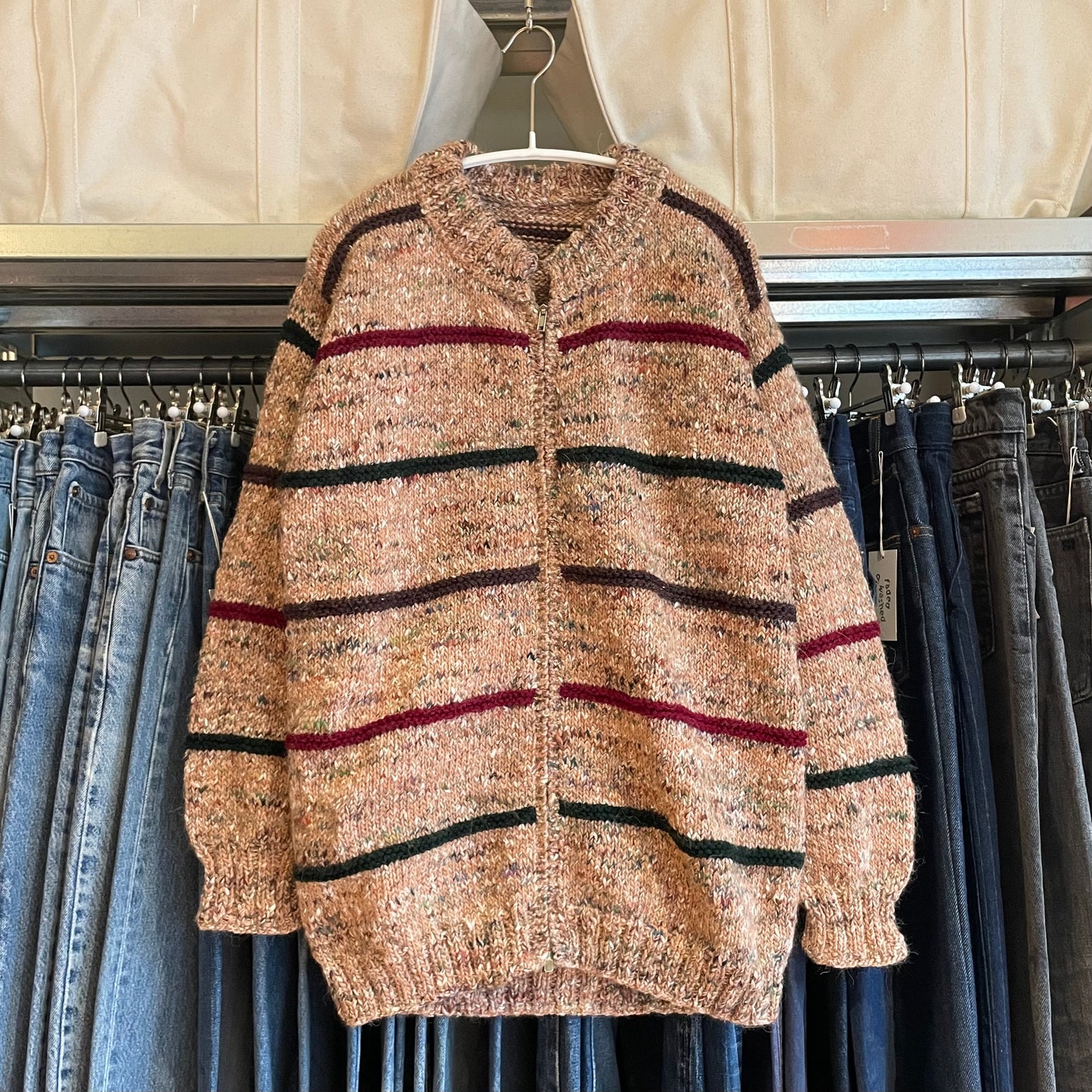 Striped Marled Knit Cardigan Beige
