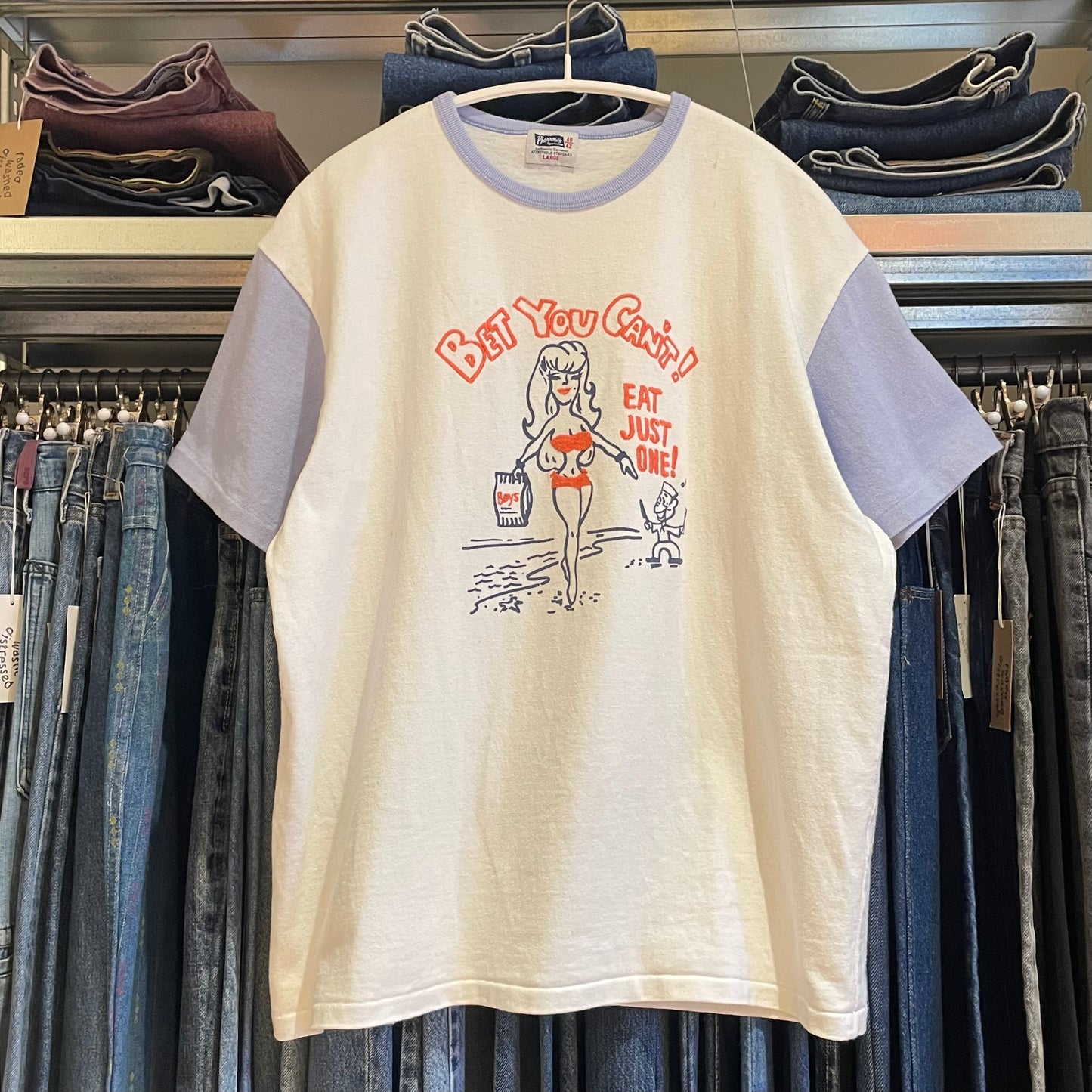 Bet You Can't Cartoon Ringer Tee White Lav