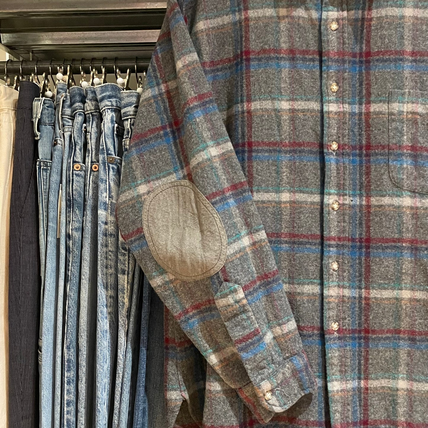 Plaid Wool Flannel Shirt with Elbow Patches Gray