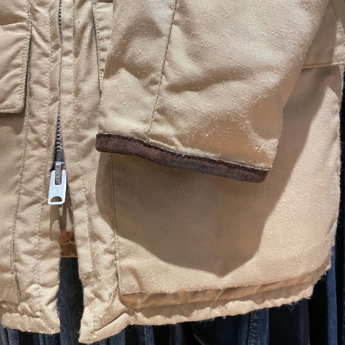 Suede Trim Padded Utility Jacket Beige Talon Zip