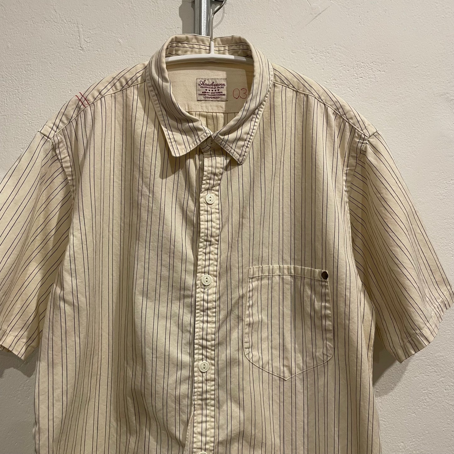 Beige Stripe Short Sleeve Button Up Shirt