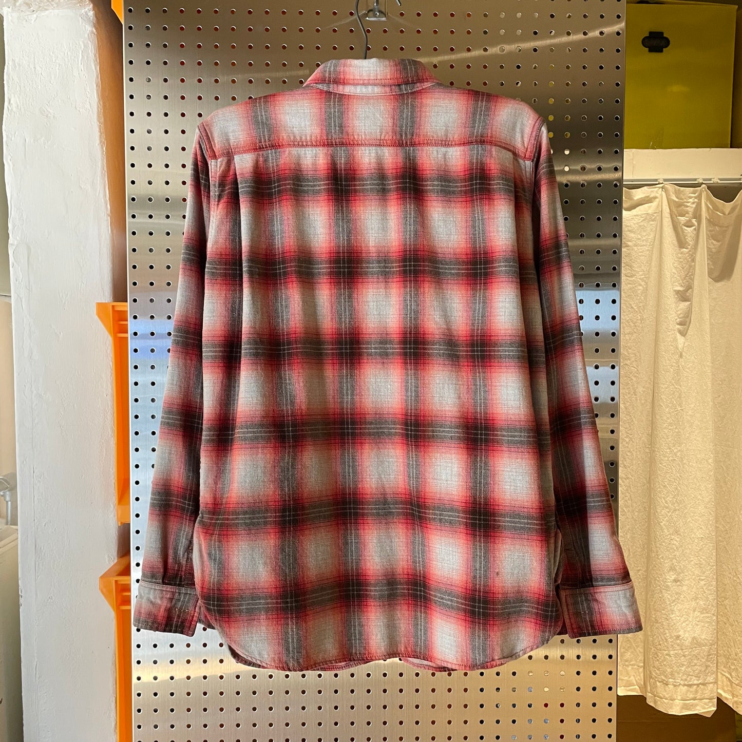 Faded Red-Grey Plaid Flannel Shirt