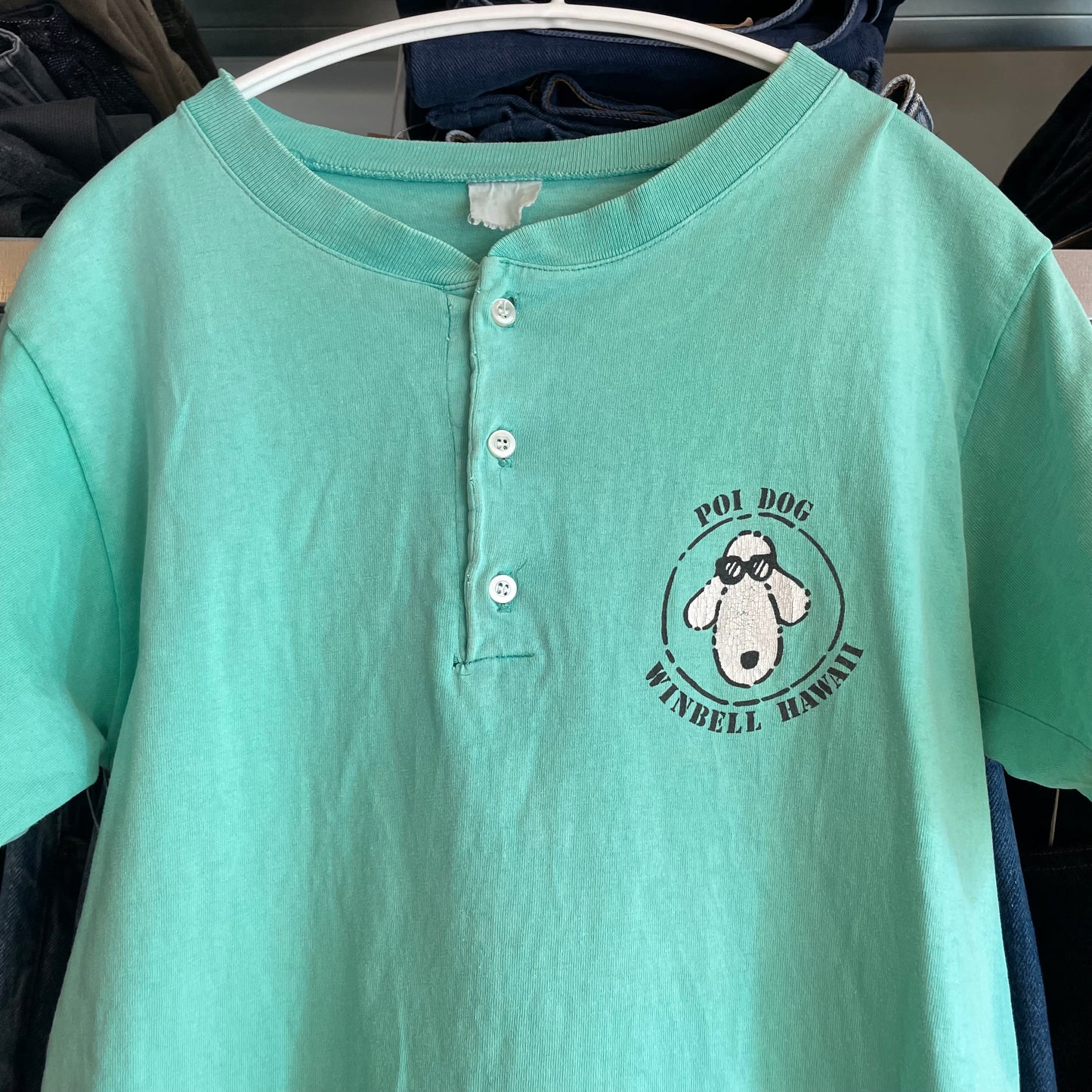 Poi Dog Cartoon Henley Tee Aqua 3-Button