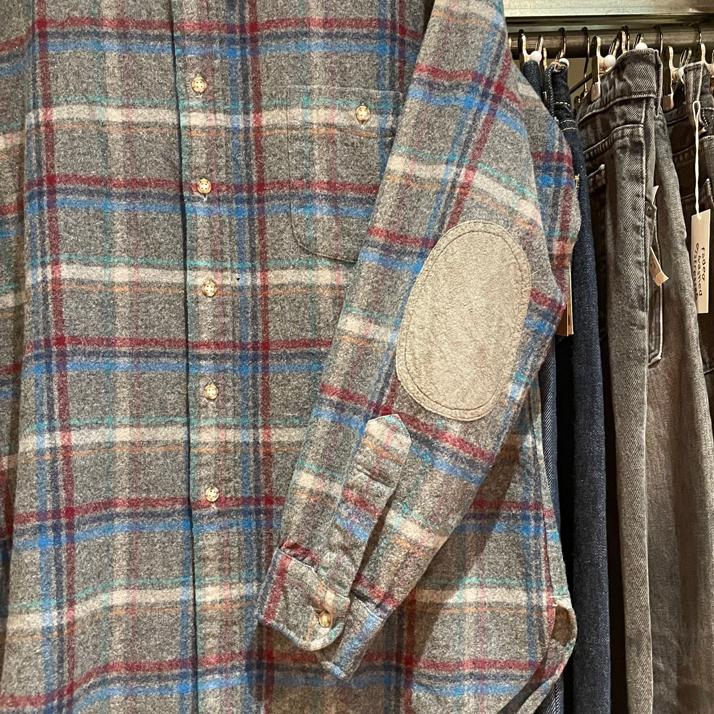 Plaid Wool Flannel Shirt with Elbow Patches Gray