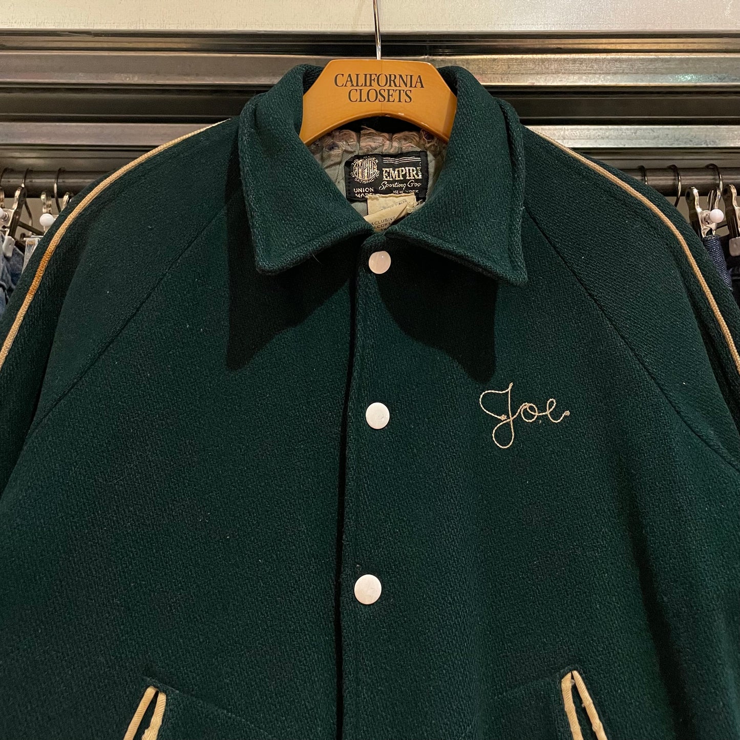Chainstitch Varsity Jacket Green Wool Distressed