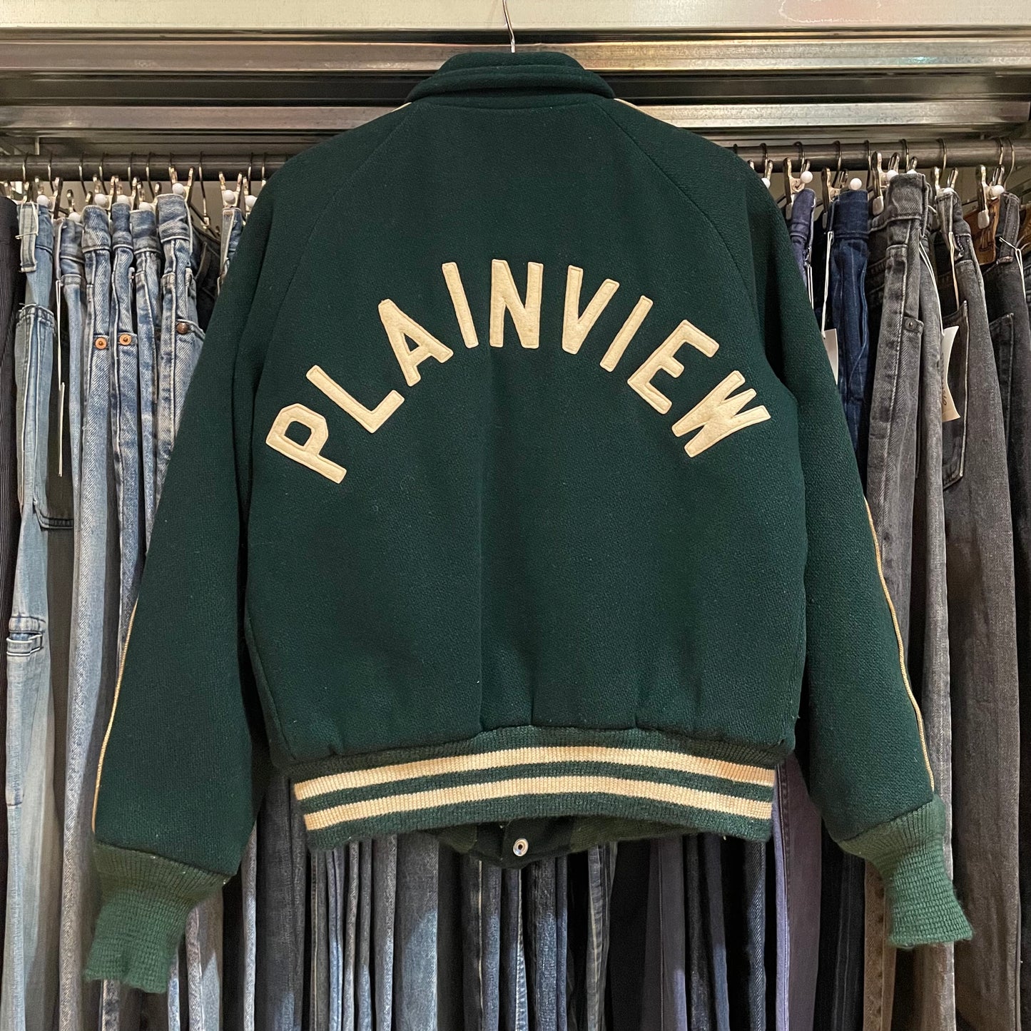 Chainstitch Varsity Jacket Green Wool Distressed