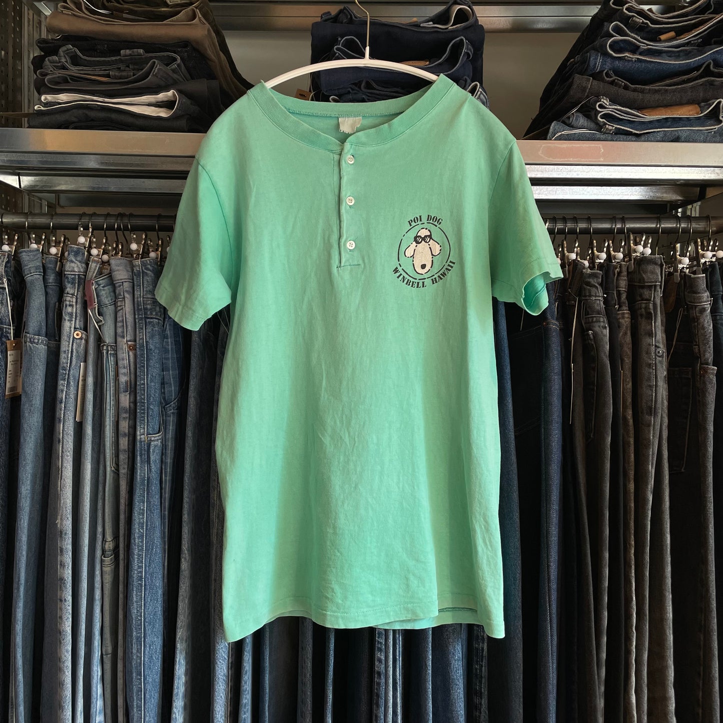 Poi Dog Cartoon Henley Tee Aqua 3-Button