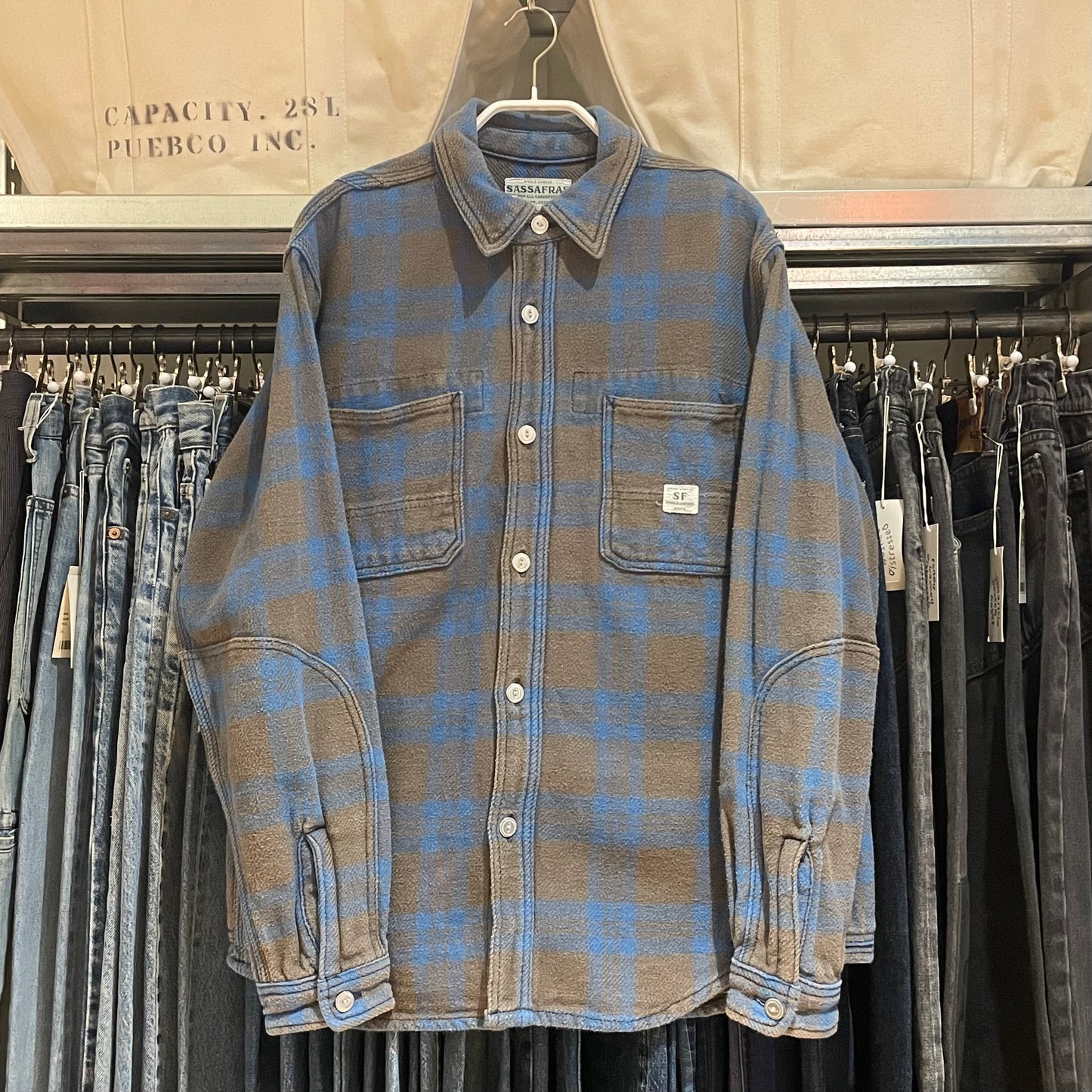 Blue Brown Plaid Flannel Work Shirt
