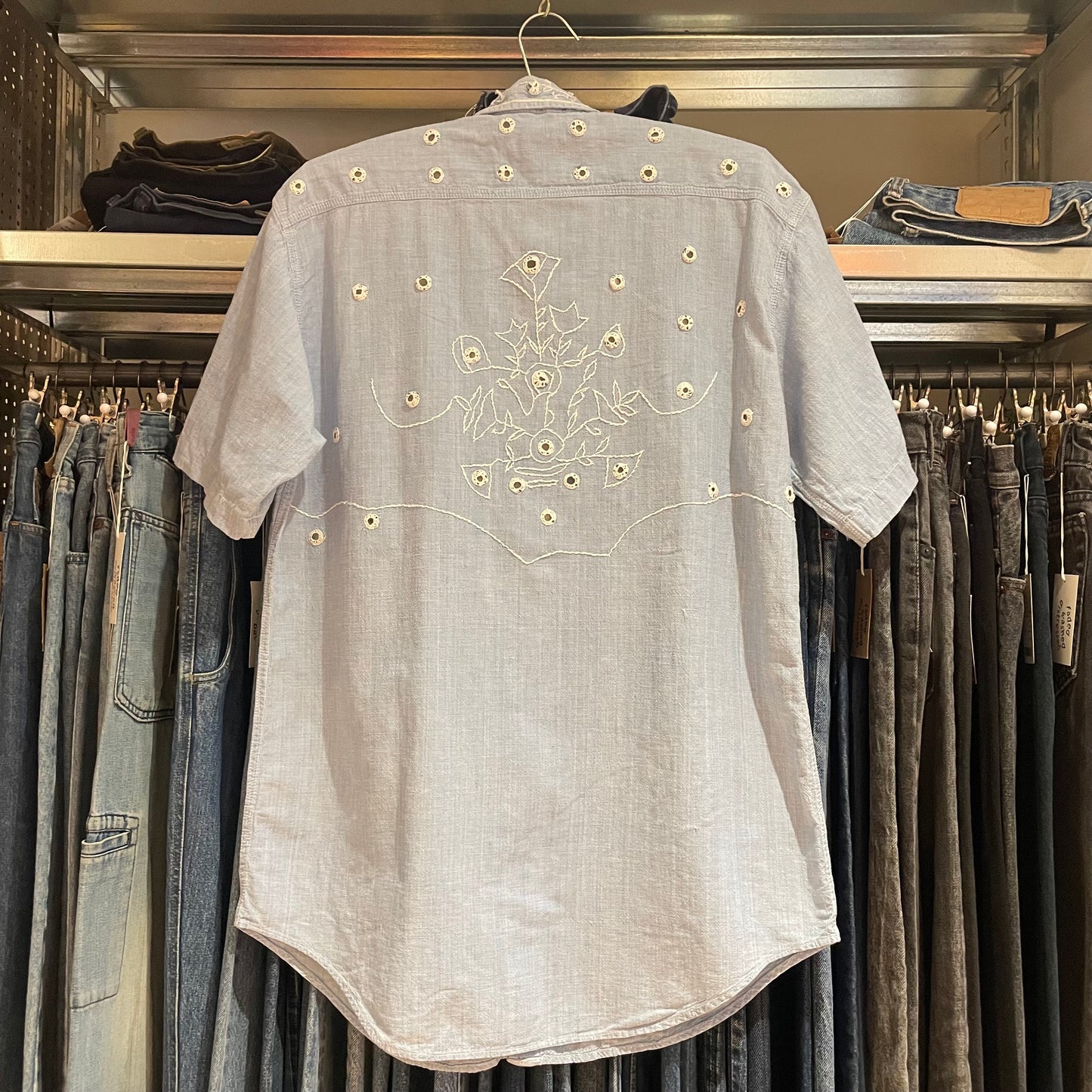 Light Blue Studded Denim Short Sleeve Shirt