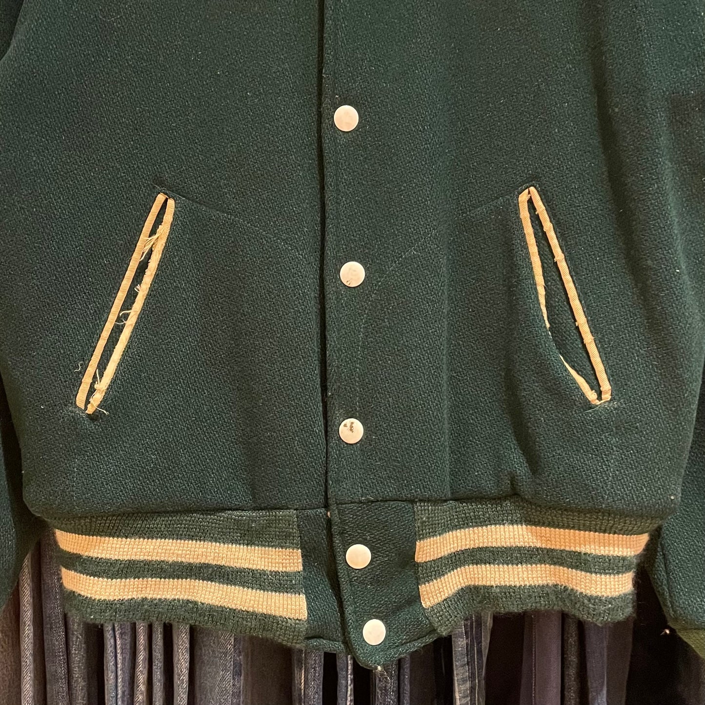 Chainstitch Varsity Jacket Green Wool Distressed
