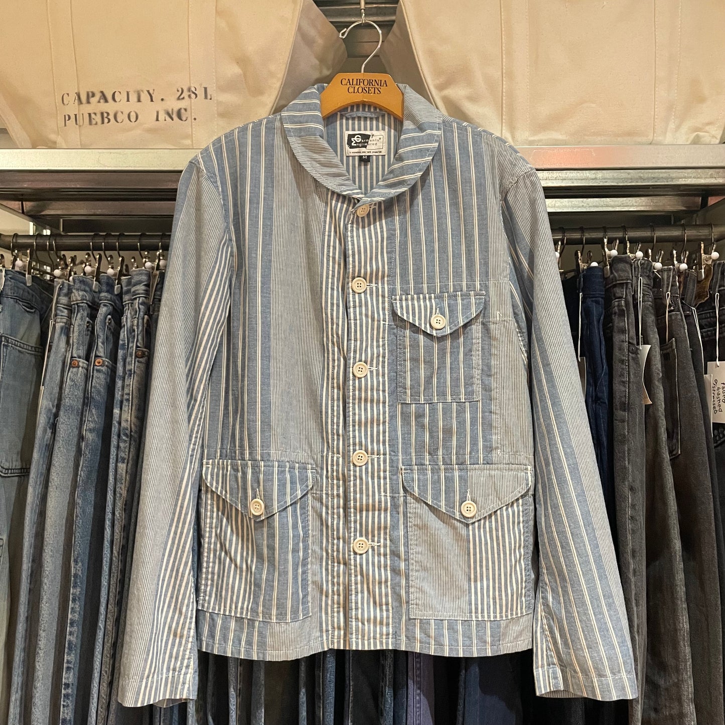 Striped Blue Cotton Workwear Chore Jacket