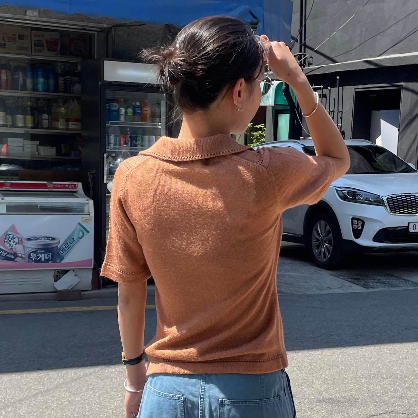 Acrylic Knit Short Sleeve Sweater Brown