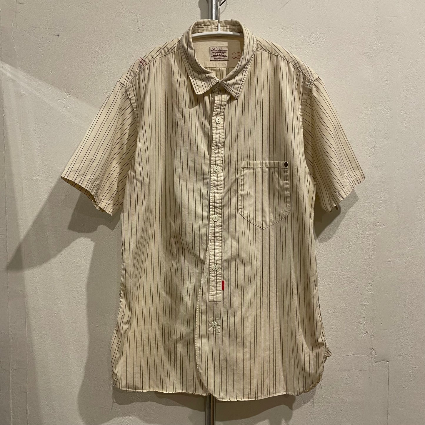 Beige Stripe Short Sleeve Button Up Shirt