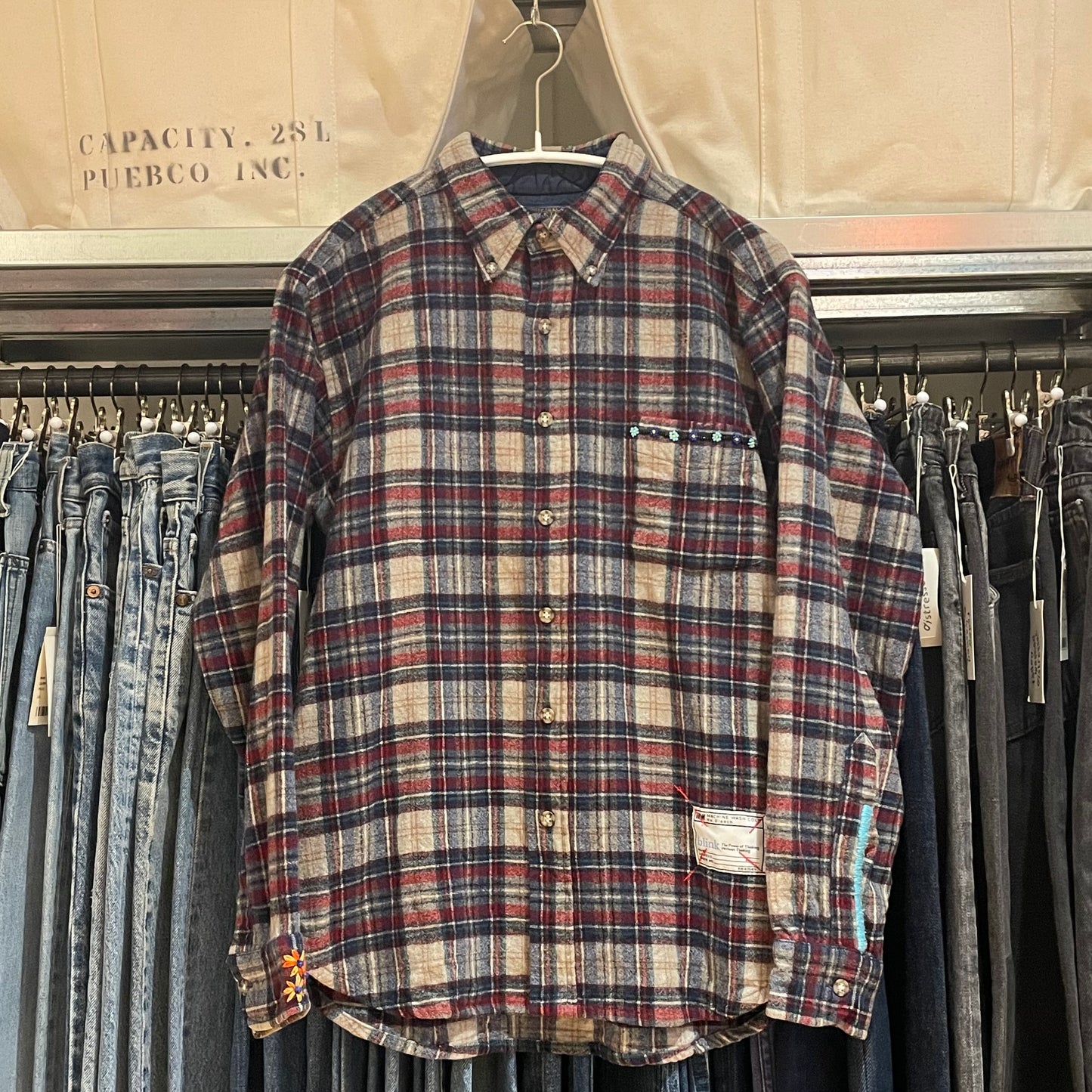 Remake Plaid Wool Shirt with Embroidery