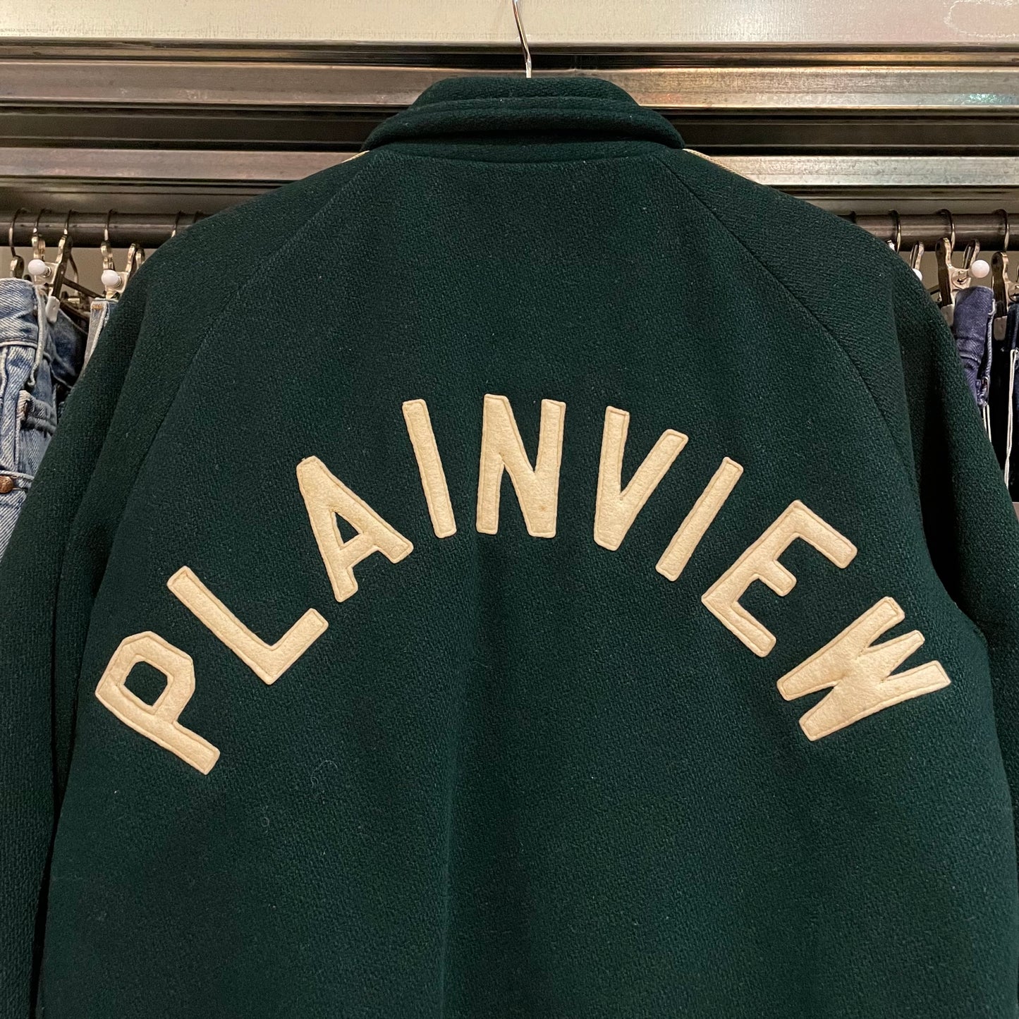 Chainstitch Varsity Jacket Green Wool Distressed