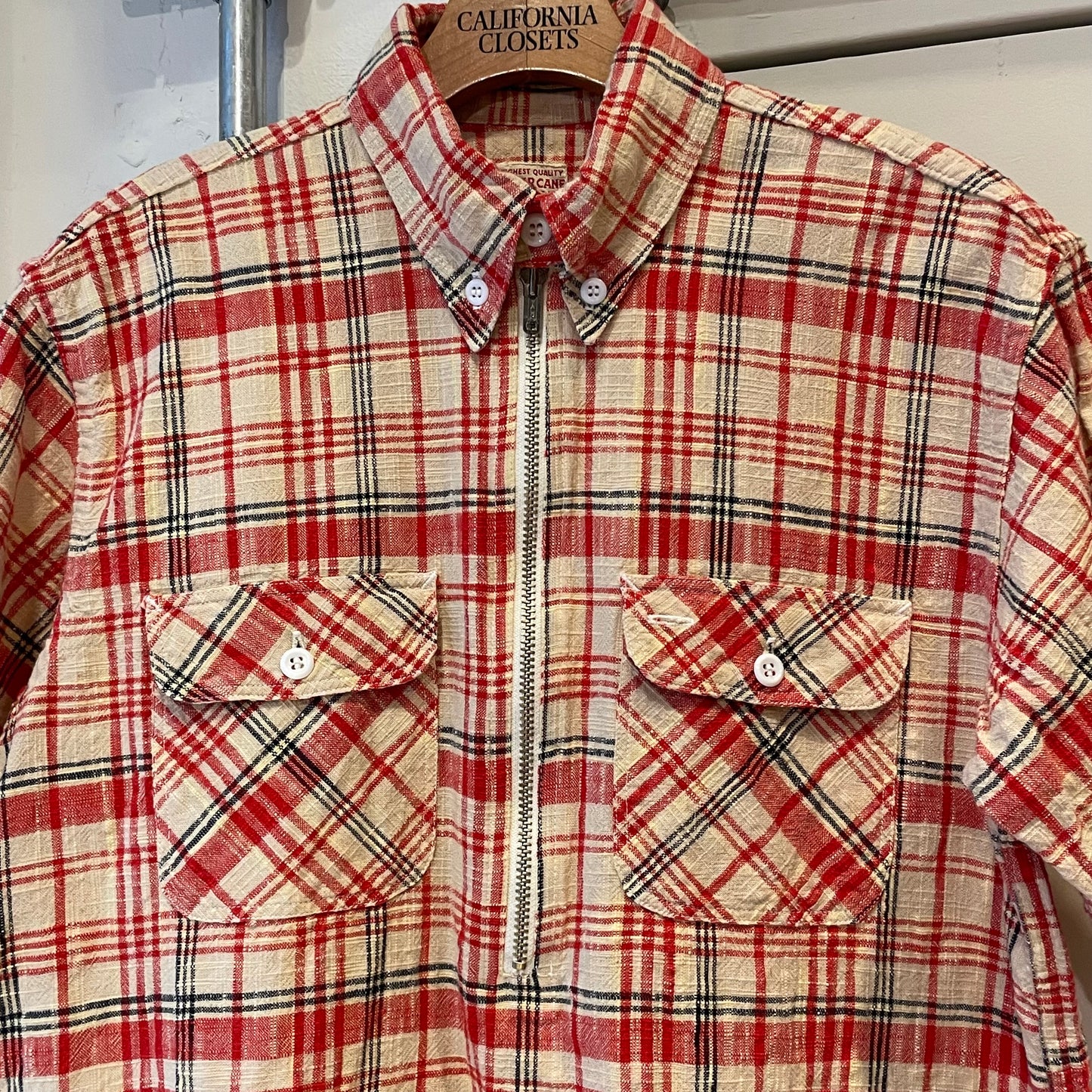 Half-Zip Plaid Short Sleeve Shirt Red