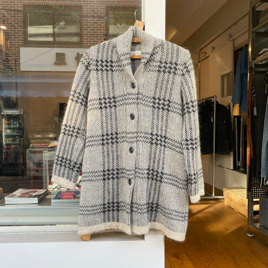 Plaid Shawl Collar Long Cardigan Grey