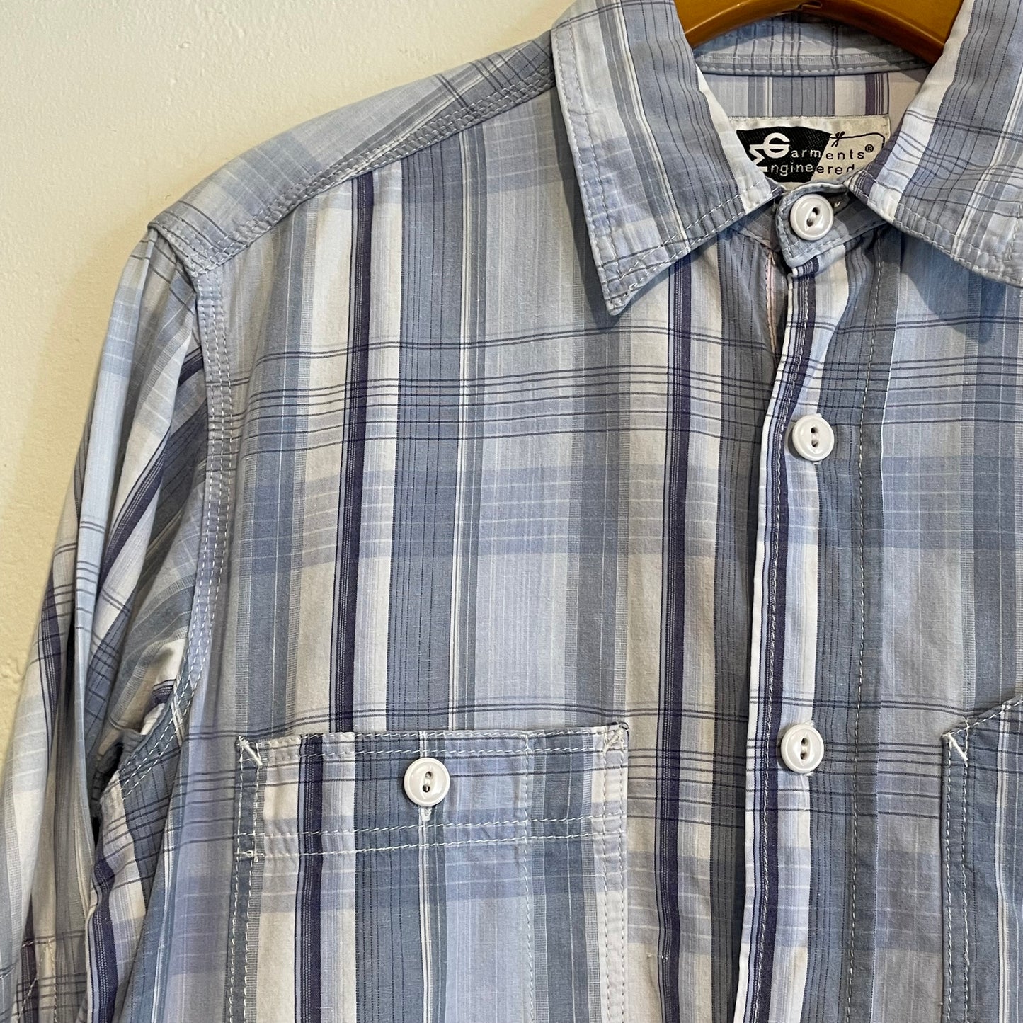 Plaid Button Up Work Shirt Cigarette Pocket Blue