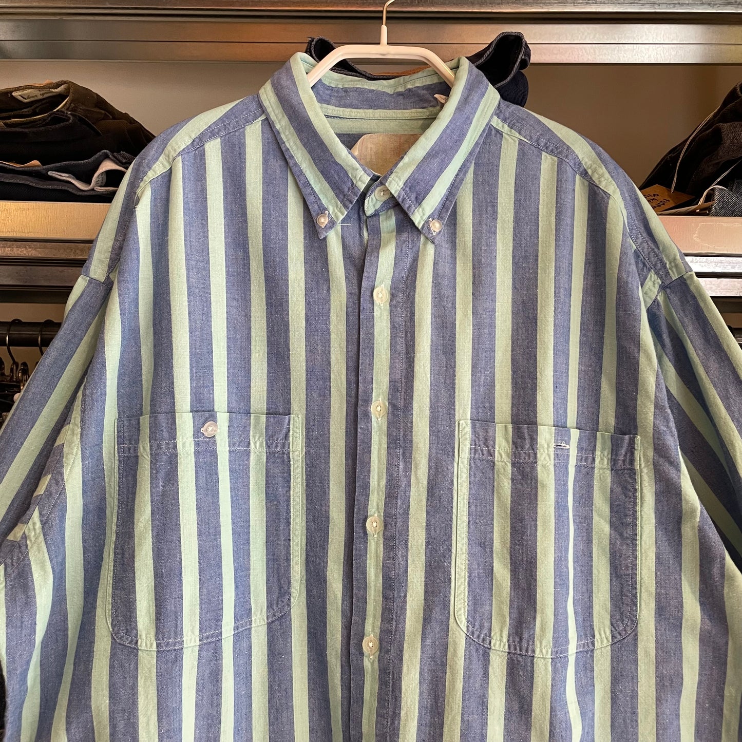 Blue Green Stripe Button Shirt Short Sleeve