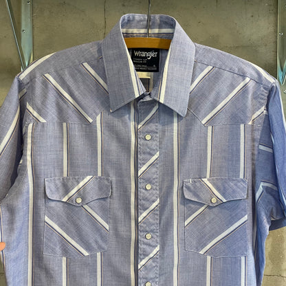 Snap-Button Stripe Short Sleeve Shirt Blue