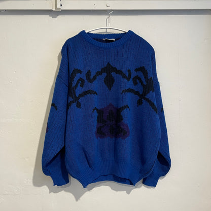 Crew Neck Pattern Knit Sweater Blue