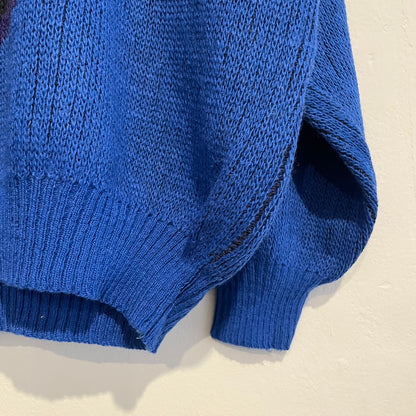 Crew Neck Pattern Knit Sweater Blue