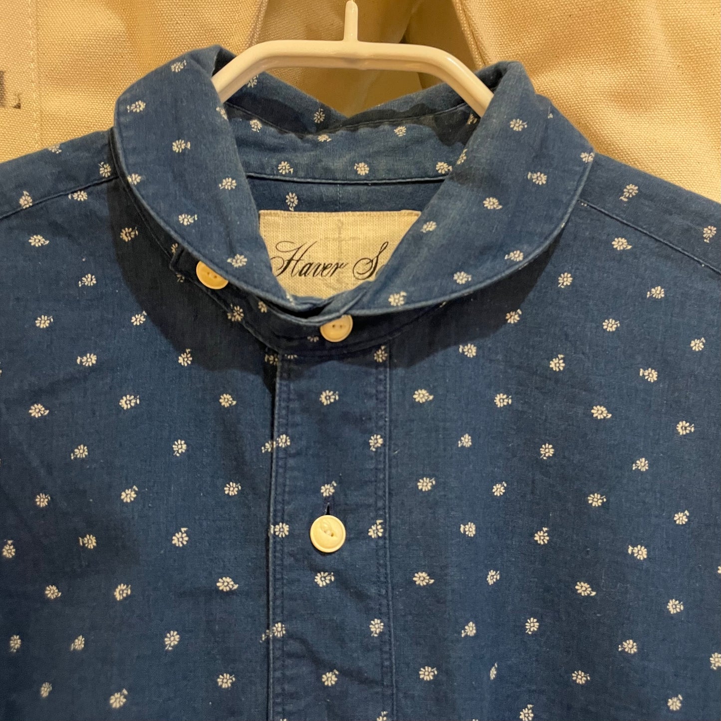 Indigo Polka Dot Band Collar Shirt Navy