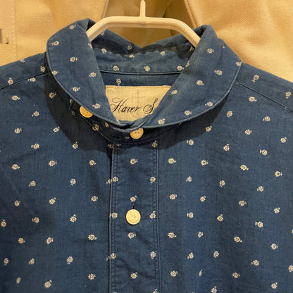 Indigo Polka Dot Band Collar Shirt Navy