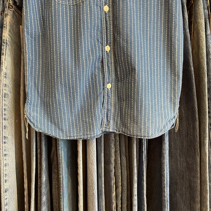 Stripe Button-Up Work Shirt Blue Short Sleeve