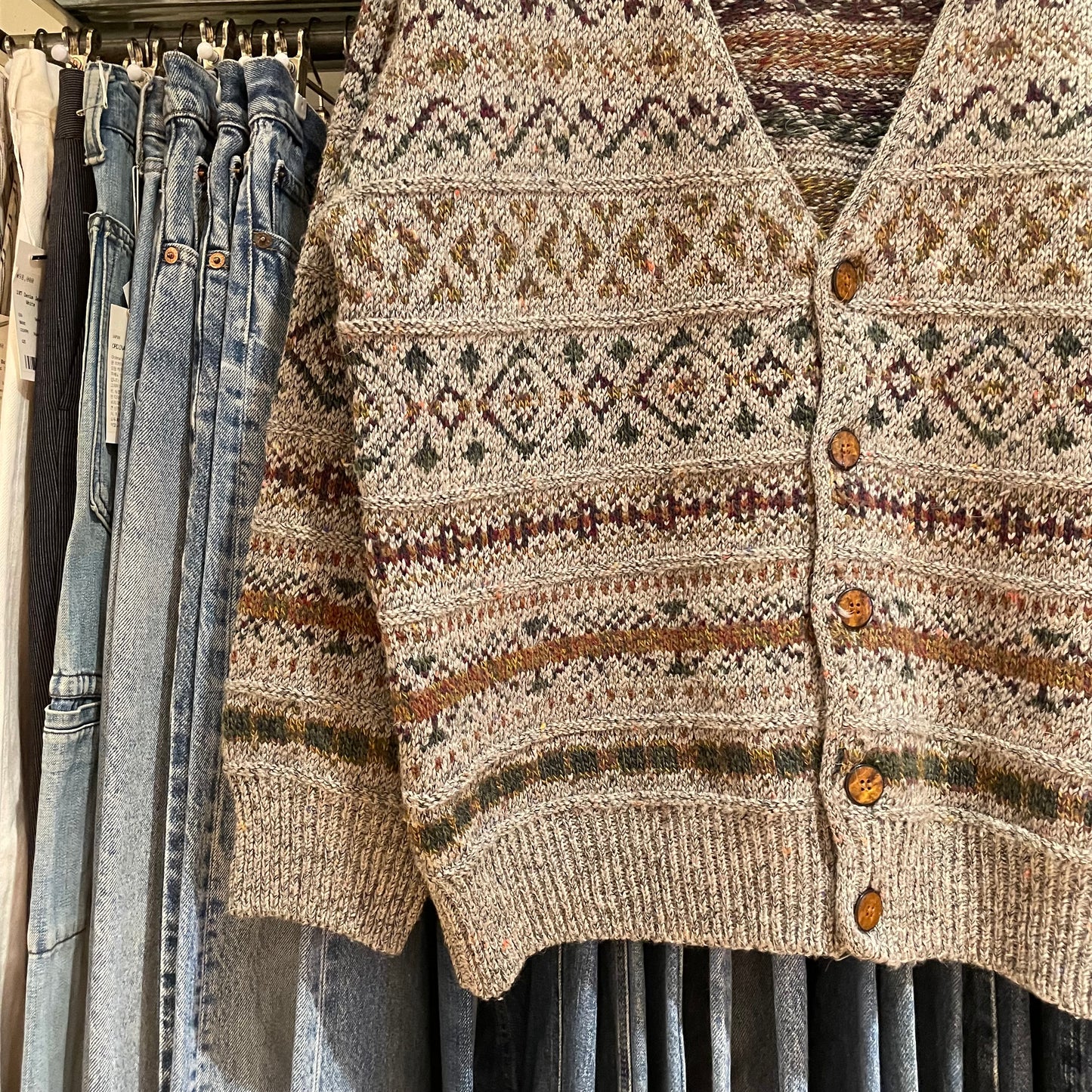 Fair Isle Wool Knit Cardigan Gray