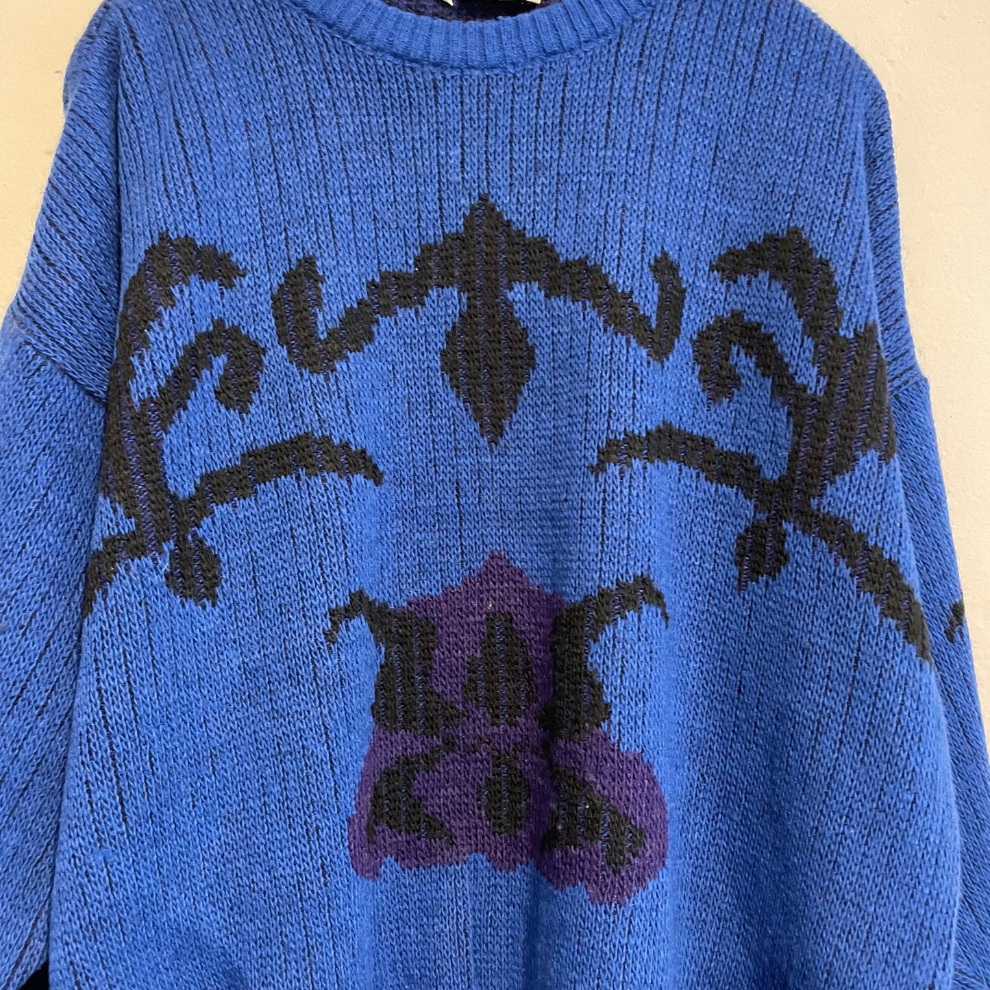 Crew Neck Pattern Knit Sweater Blue