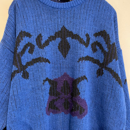 Crew Neck Pattern Knit Sweater Blue