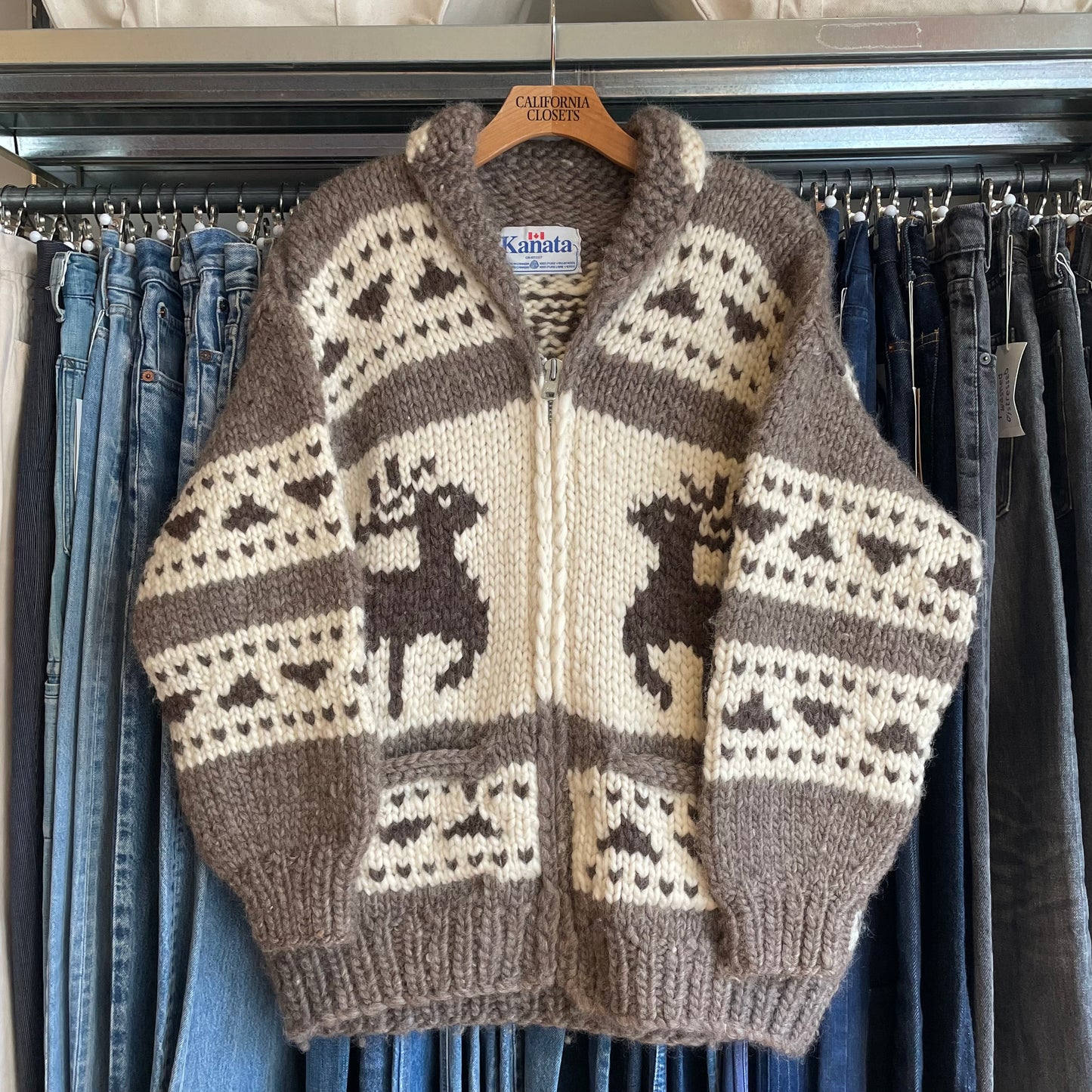 Deer Pattern Cowichan Shawl Collar Zip-up Cardigan