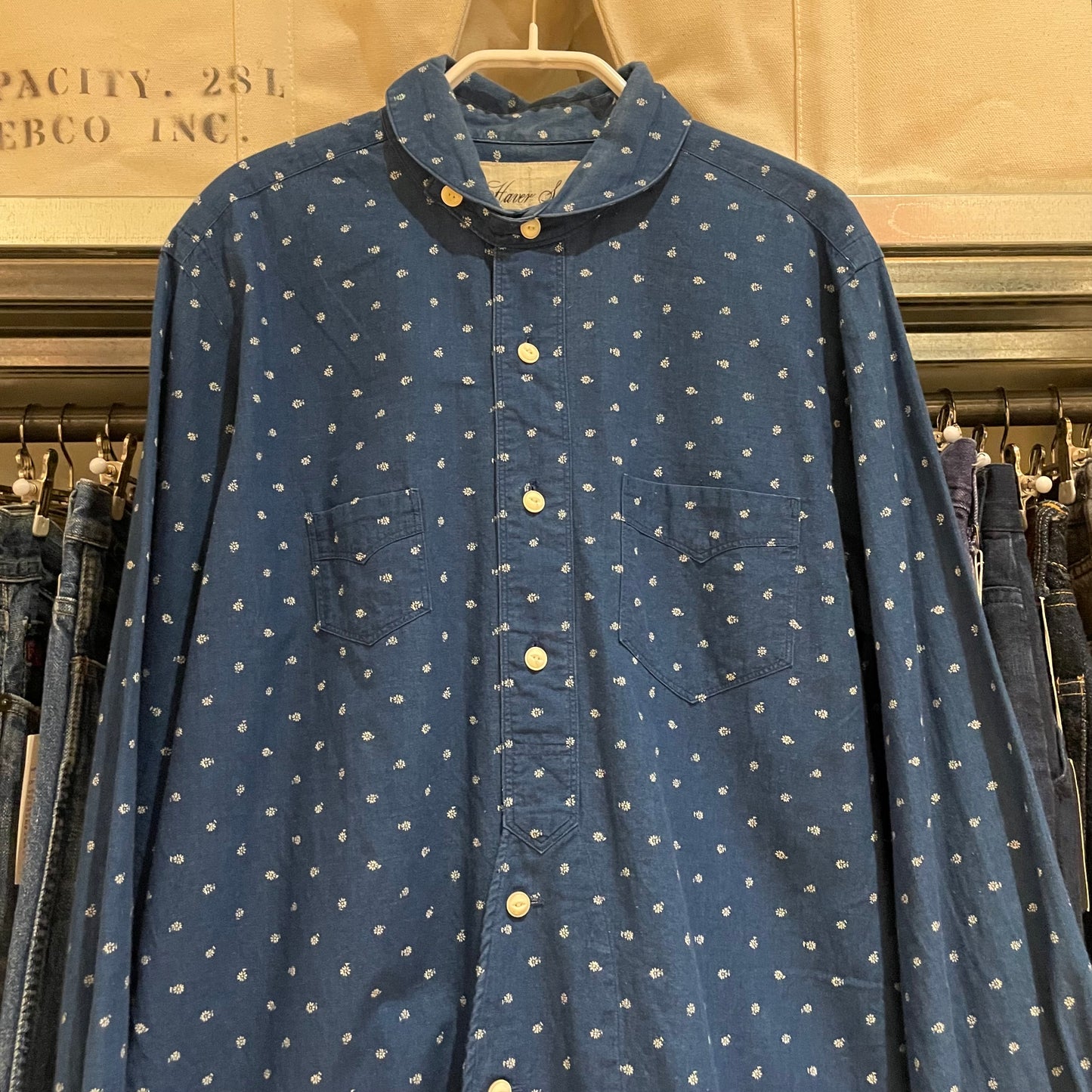 Indigo Polka Dot Band Collar Shirt Navy