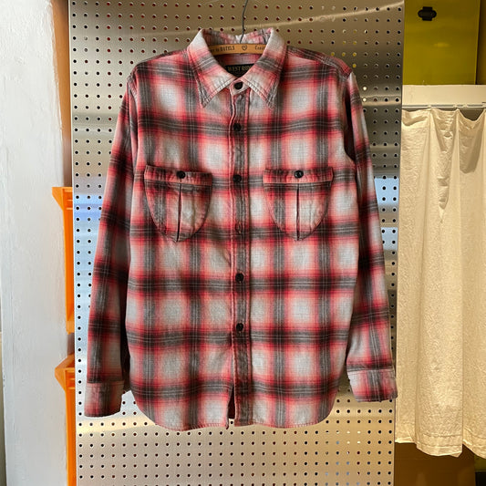 Faded Red-Grey Plaid Flannel Shirt