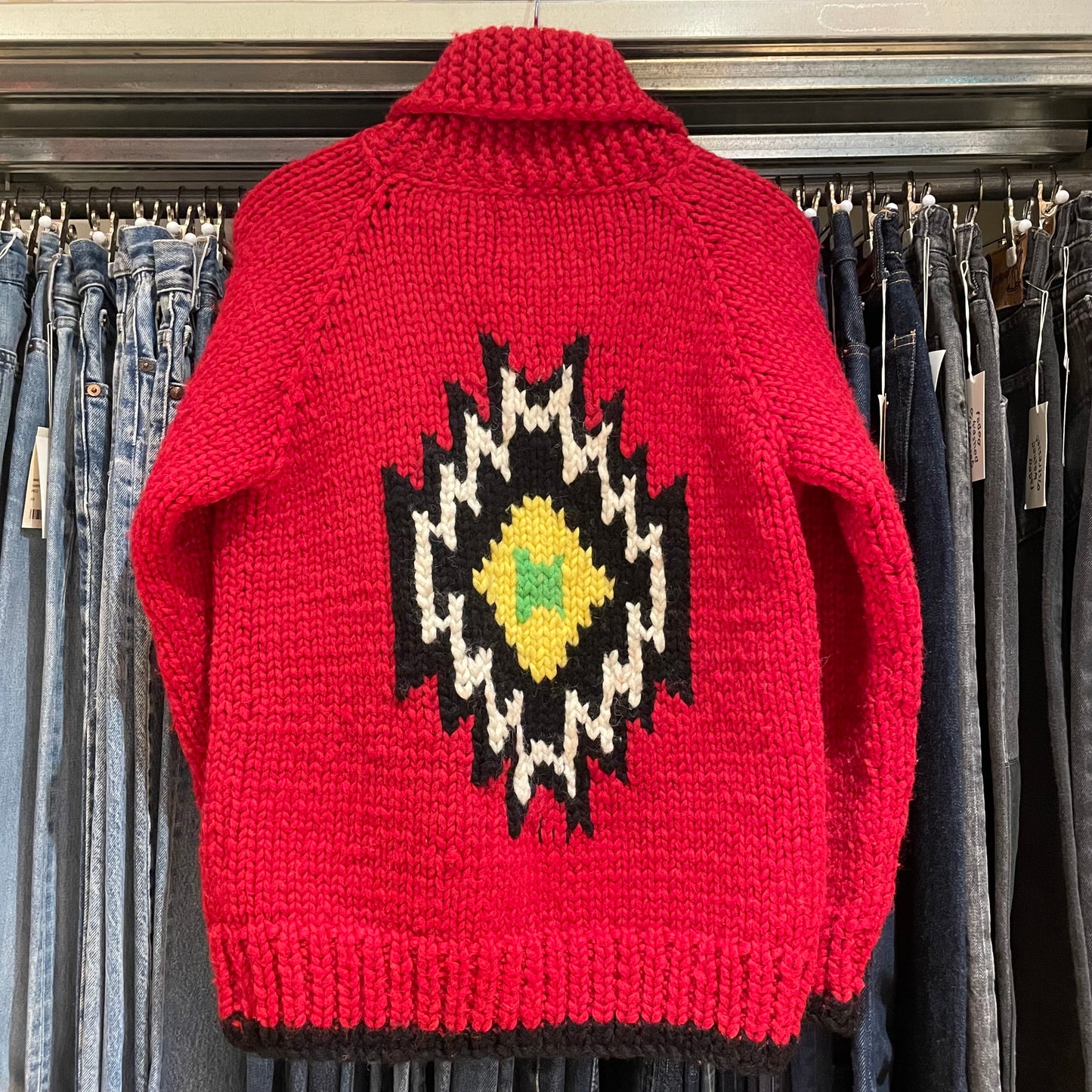 Native Motif Cowichan Sweater Red Wool