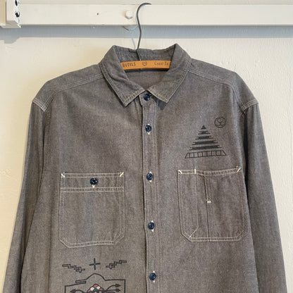 Geometric Embroidered Work Shirt Grey