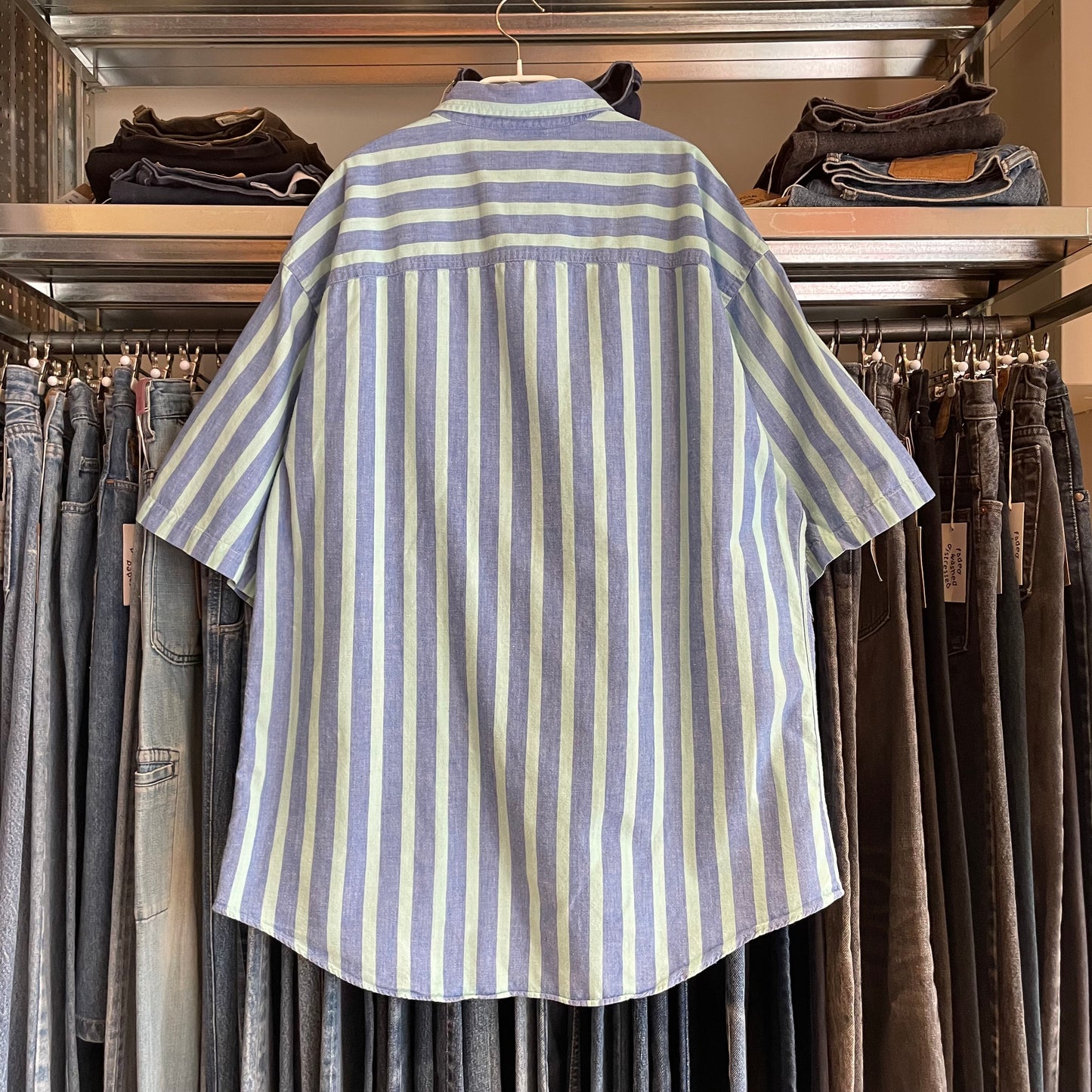 Blue Green Stripe Button Shirt Short Sleeve