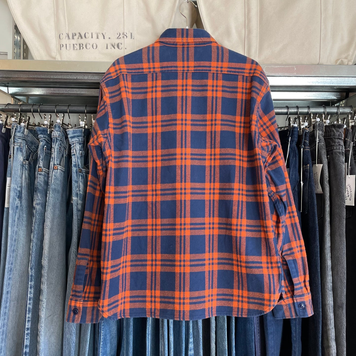 Navy Orange Check Flannel Work Shirt Cotton