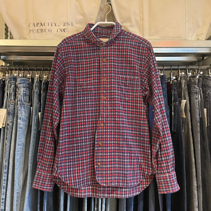 Plaid Band Collar Shirt with Pocket Red/Navy