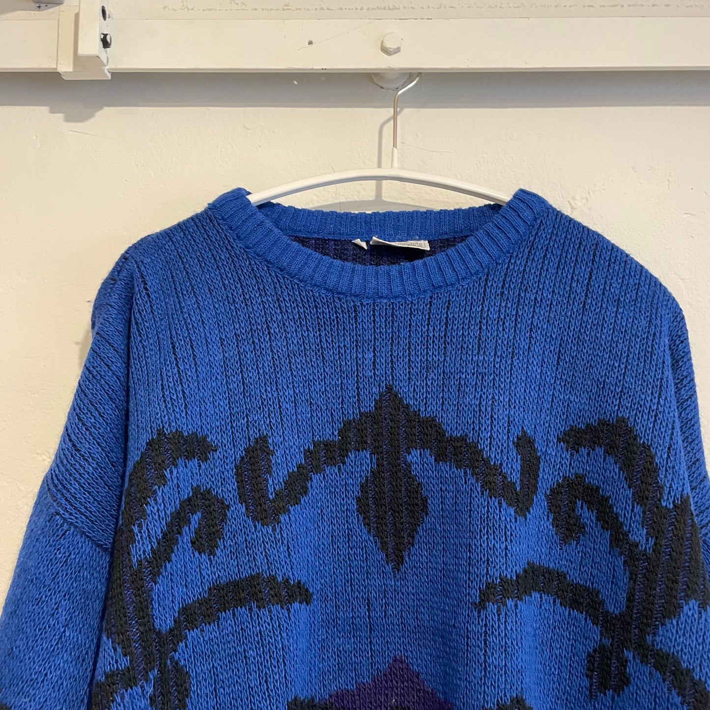 Crew Neck Pattern Knit Sweater Blue