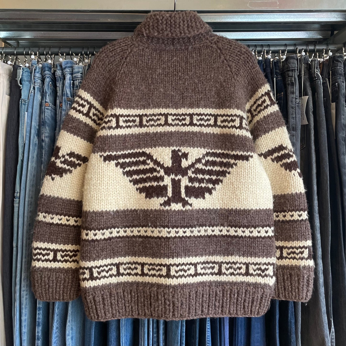 Thunderbird Pattern Cowichan Shawl Collar Zip-up Cardigan